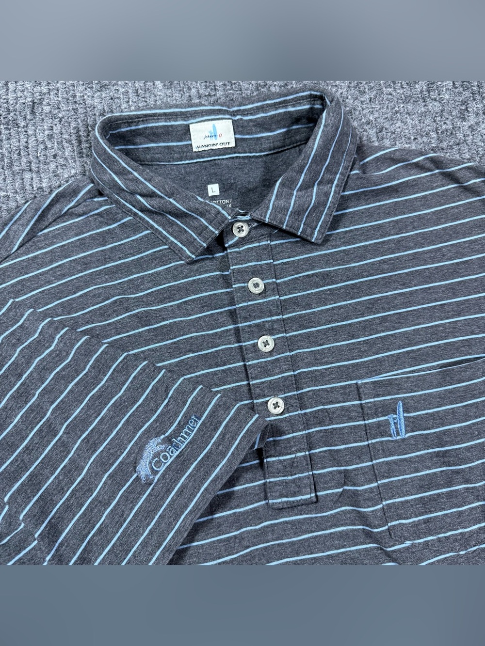 johnnie-O Mens Large Neese Striped Hangin Out Polo Shirt Gray Blue Coachmen RV